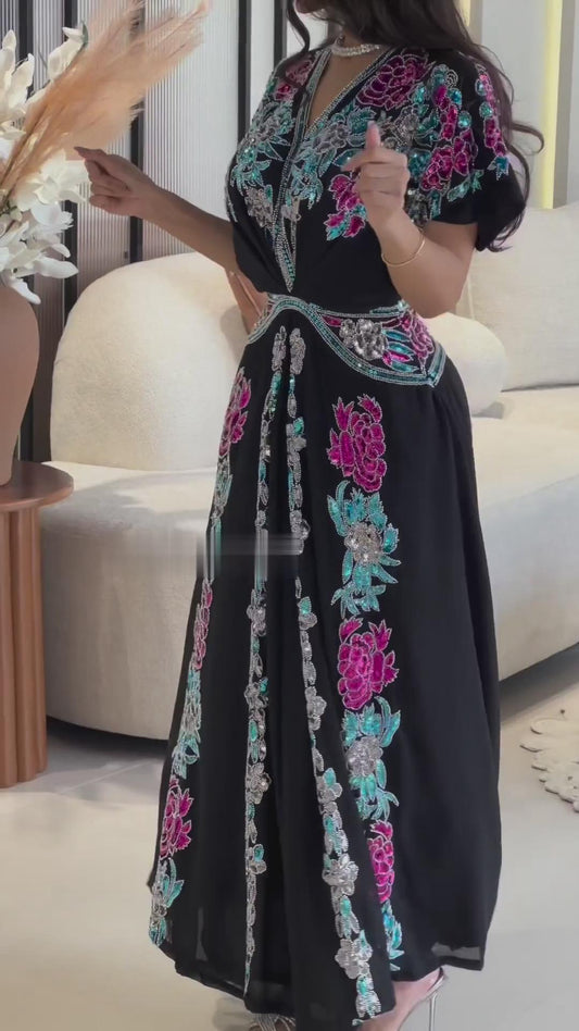 Refined black flower design party dress