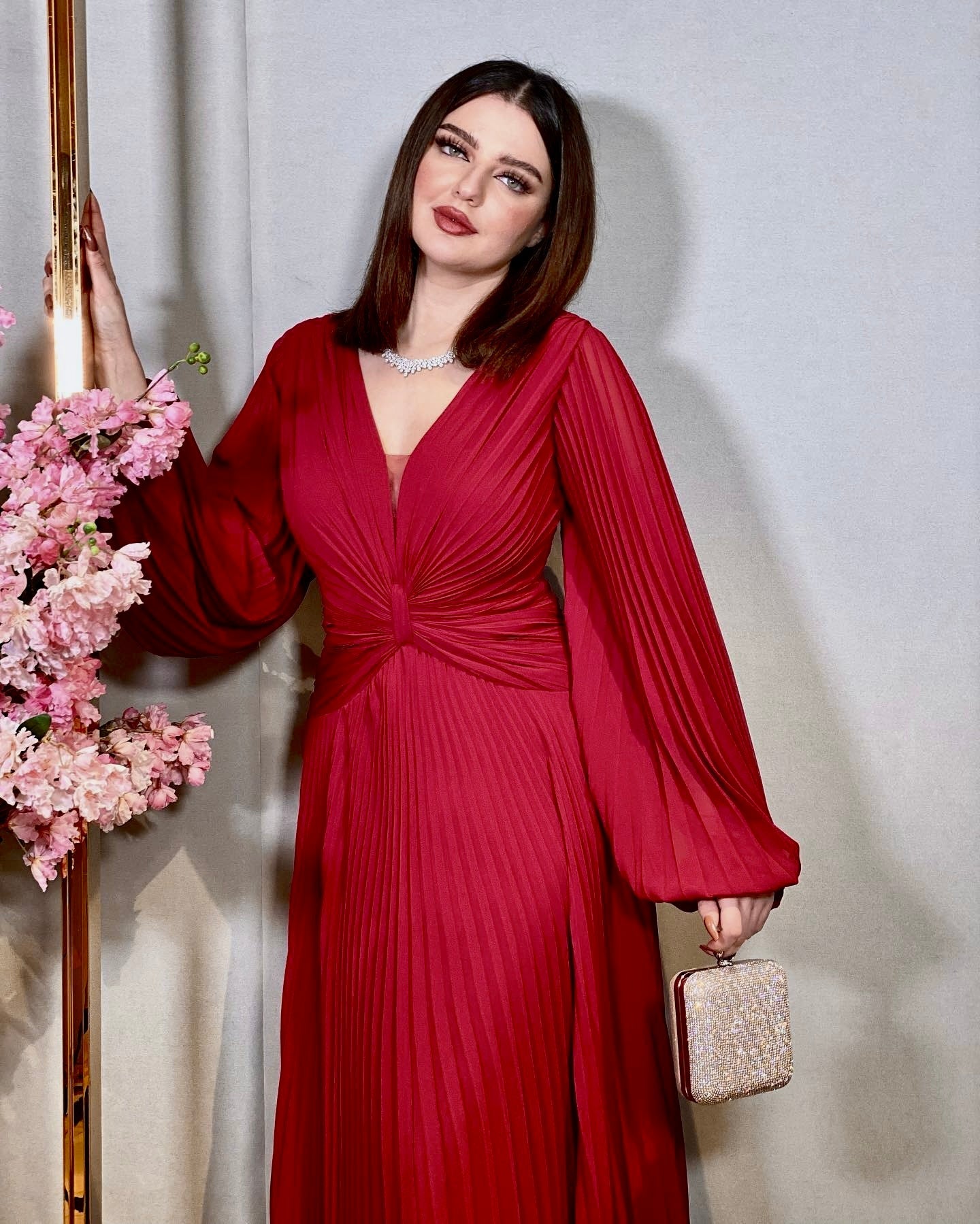 Chiffon Long Dress Elegant Red Jalabiya（delivery in 2-5 days）